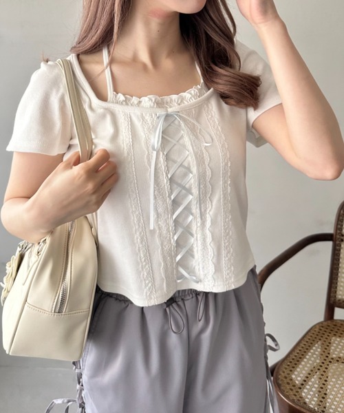 OLIVE des OLIVE(オリーブデオリーブ)の「レースアップ重ね着風カット(Tシャツ/カットソー・レディース・オフホワイト/サックスブルー/ブラック・FREE)」の12枚目の写真