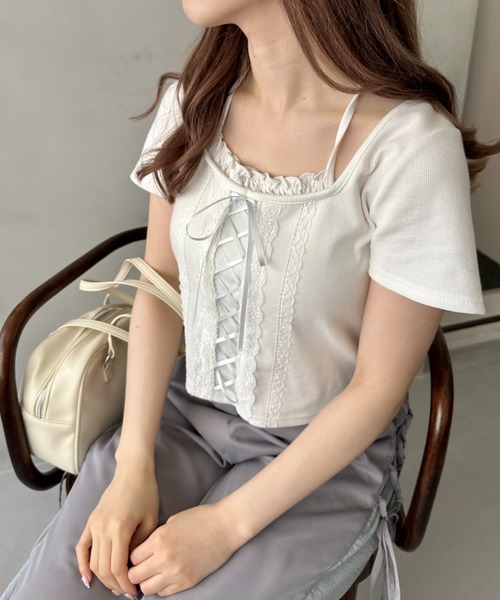 OLIVE des OLIVE(オリーブデオリーブ)の「レースアップ重ね着風カット(Tシャツ/カットソー・レディース・オフホワイト/サックスブルー/ブラック・FREE)」の13枚目の写真