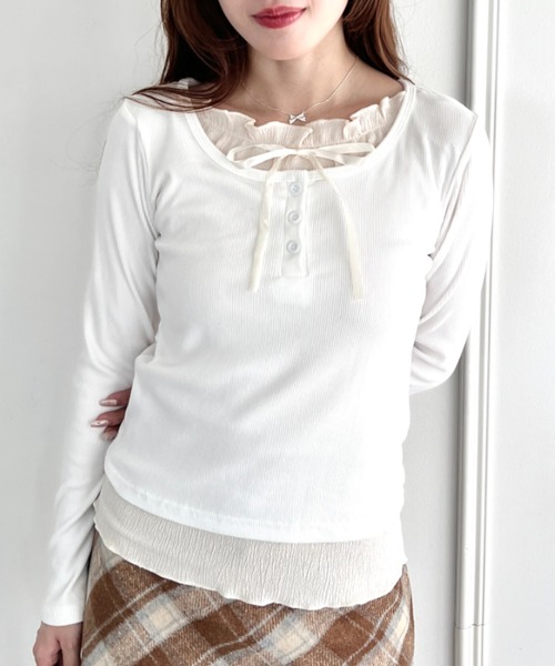 Loueme（ルエム）の「レイヤードフリルリボントップス（Tシャツ