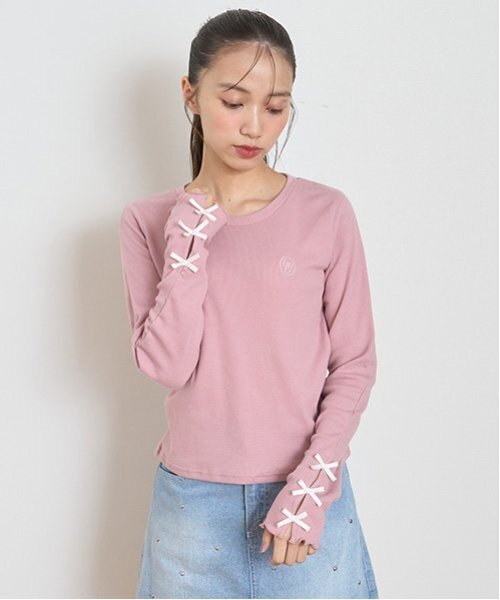 LOVETOXIC(ラブトキシック)の「リボンテレコ長袖Tシャツ(Tシャツ/カットソー・キッズ・ピンク/ブラック/マルチ/オフホワイト・S/M/L)」の4枚目の写真