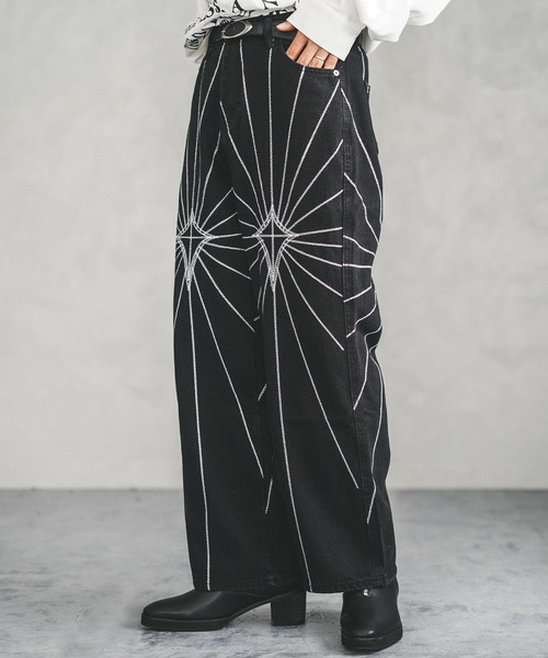 セール】ステッチアート刺繍ビンテージウォッシュワイドデニムパンツ