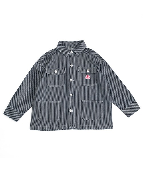 L.COPECK(エルコペック)の「デニムカバーオール(デニムジャケット・キッズ・ネイビー/ストライプ・150cm/160cm/170cm)」の1枚目の写真