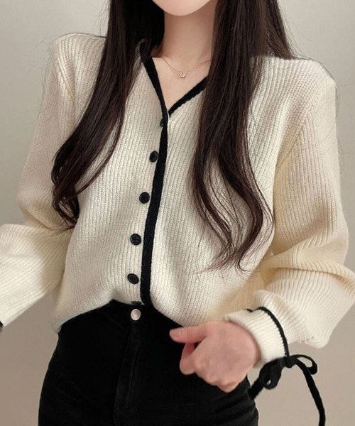 gossip!ロサンゼルス(ゴシップロサンゼルス)の「バイカラーデザイン リボンカーディガン(カーディガン/ボレロ・レディース・オフホワイト/グレー・FREE)」の9枚目の写真