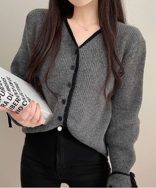 gossip!ロサンゼルス(ゴシップロサンゼルス)の「バイカラーデザイン リボンカーディガン(カーディガン/ボレロ・レディース・オフホワイト/グレー・FREE)」の6枚目の写真