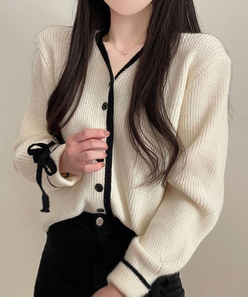 gossip!ロサンゼルス(ゴシップロサンゼルス)の「バイカラーデザイン リボンカーディガン(カーディガン/ボレロ・レディース・オフホワイト/グレー・FREE)」の12枚目の写真