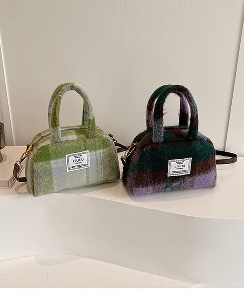 ミニボストンバッグ グリーン系チェック 合成皮革 ボストンバッグ ショルダーバッグ ハンドバッグ ミニボストン 本革