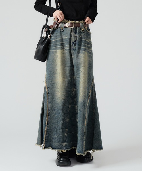 Chick(チック)の「Vintage Like Denim Mermaid Skirt / ヴィンテージ風デニムマーメイドスカート(デニムスカート・レディース・ブラック/ブルー・FREE)」の17枚目の写真