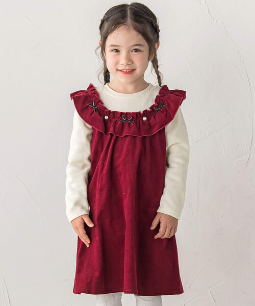 SLAP SLIP（スラップスリップ）の「ギャザーフリルリボンパールドッキングワンピース(80~130cm)（ワンピース・キッズ・ピンク/レッド・80ｃｍ/130cm/110cm/120cm/90cm/100cm）」の2枚目の写真