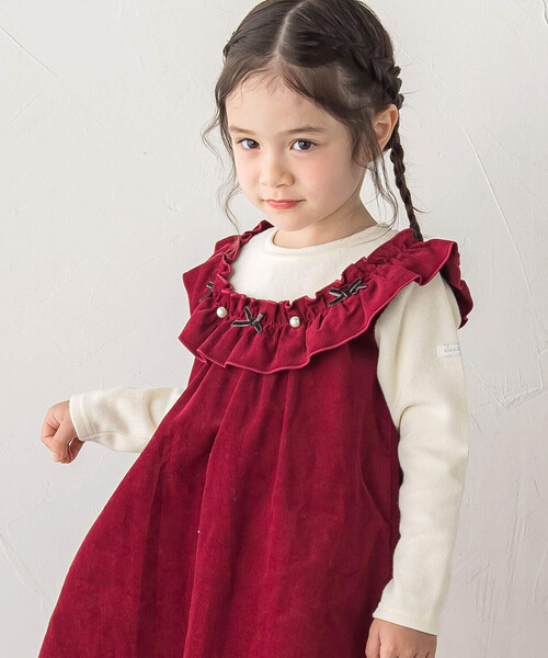 SLAP SLIP（スラップスリップ）の「ギャザーフリルリボンパールドッキングワンピース(80~130cm)（ワンピース・キッズ・ピンク/レッド・80ｃｍ/130cm/110cm/120cm/90cm/100cm）」の4枚目の写真