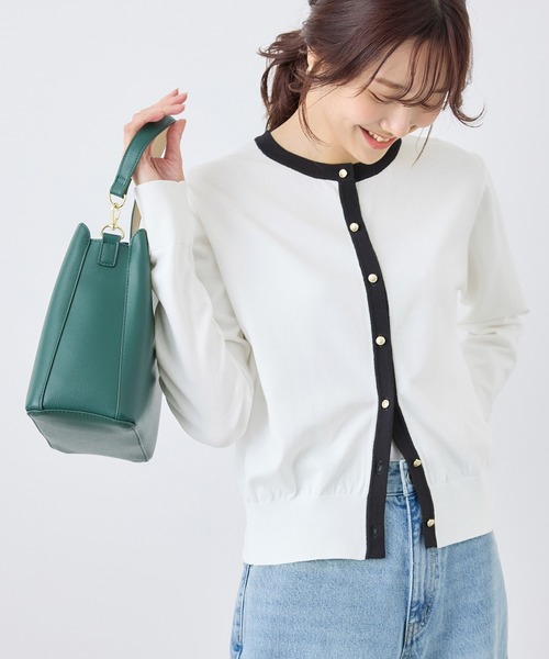 ROPE' PICNIC(ロペピクニック)の「ライン入りクルーネックニットカーディガン/アンチピリング・洗濯機OK(カーディガン/ボレロ・レディース・ネイビー/ライトグレー/オフホワイト・38)」の1枚目の写真