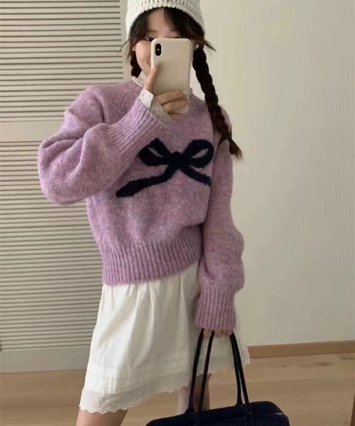 セール】リボン柄がかわいいニットプルオーバー（ニット/セーター