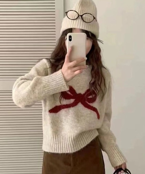セール】リボン柄がかわいいニットプルオーバー（ニット/セーター