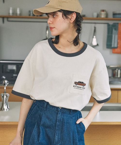 刺繍入りTシャツ CAR刺繍 ポケット付き リンガー 半袖Tシャツ MONO-MART LADY'S