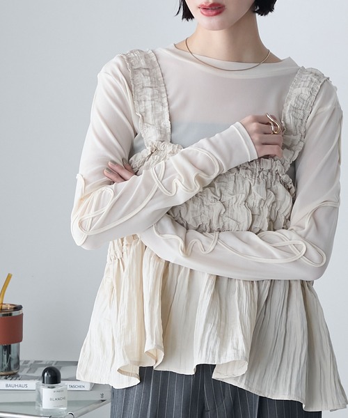 forksy.(フォルクシー)の「【forksy.】前後2way ニュアンス コード刺繍デザインスリーブ シアートップス(Tシャツ/カットソー・レディース・チャコール/アイボリー/ブラック/ライトブルー・FREE)」の7枚目の写真