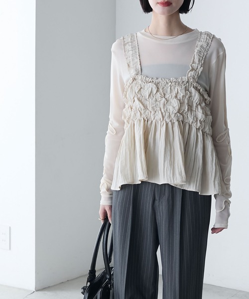forksy.(フォルクシー)の「【forksy.】前後2way ニュアンス コード刺繍デザインスリーブ シアートップス(Tシャツ/カットソー・レディース・チャコール/アイボリー/ブラック/ライトブルー・FREE)」の10枚目の写真