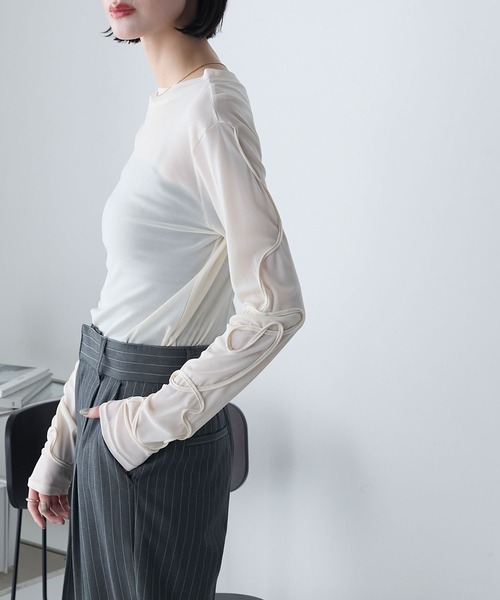 forksy.(フォルクシー)の「【forksy.】前後2way ニュアンス コード刺繍デザインスリーブ シアートップス(Tシャツ/カットソー・レディース・チャコール/アイボリー/ブラック/ライトブルー・FREE)」の20枚目の写真