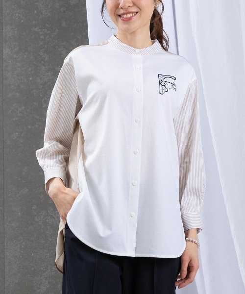 STUDIO PICONE(スタジオピッコーネ)の「ストライプ切替シャツ(シャツ/ブラウス・レディース・ネイビー/ホワイト×ブルー/ホワイト×ブラウン・M/L/LL)」の3枚目の写真