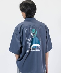 【a】〔Naive Magic〕ナチュラルストレッチ BLUE/GREEN Girlイラストプリント 半袖シャツ