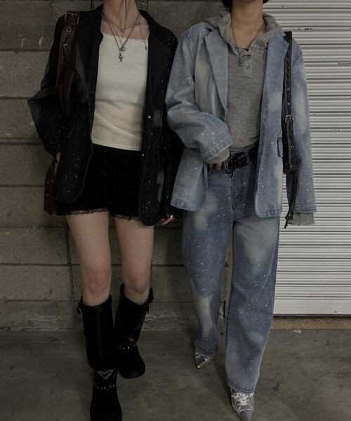 WHO'S WHO gallery（フーズフーギャラリー）の「スプレーブリーチデニムジャケット（テーラードジャケット・レディース・ブラック/サックスブルー・FREE）」の21枚目の写真