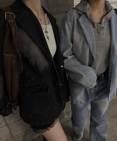 WHO'S WHO gallery（フーズフーギャラリー）の「スプレーブリーチデニムジャケット（テーラードジャケット・レディース・ブラック/サックスブルー・FREE）」の22枚目の写真