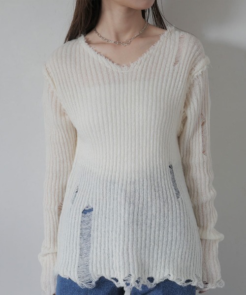 セール】クラッシュリブニット／crush rib knit 長袖 ダメージ加工