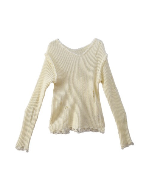 Reurie'(レウリィ)の「クラッシュリブニット/crush rib knit 長袖 ダメージ加工 カジュアル 韓国ファッション シンプル Y2K(ニット/セーター・レディース・ブラック/アイボリー・FREE)」の9枚目の写真