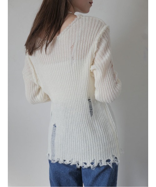 Reurie'(レウリィ)の「クラッシュリブニット/crush rib knit 長袖 ダメージ加工 カジュアル 韓国ファッション シンプル Y2K(ニット/セーター・レディース・ブラック/アイボリー・FREE)」の15枚目の写真
