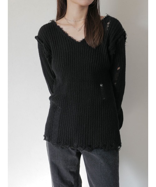 Reurie'(レウリィ)の「クラッシュリブニット/crush rib knit 長袖 ダメージ加工 カジュアル 韓国ファッション シンプル Y2K(ニット/セーター・レディース・ブラック/アイボリー・FREE)」の21枚目の写真
