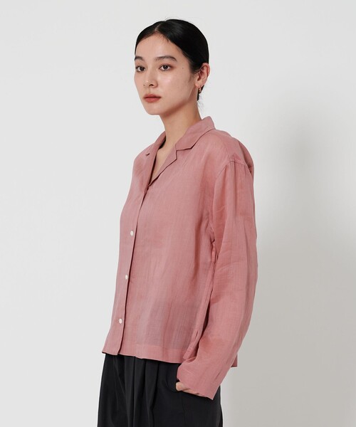 美品　ユナイテッドアローズ　リネン長袖シャツ　バンドカラー　麻　レッド系 セール】麻 オープンカラー シャツ（シャツ/ブラウス