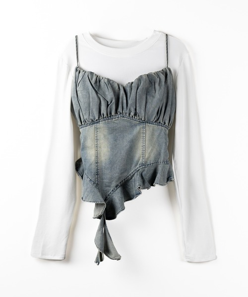 アンサンブル 「 ２点セット 」ヴィンテージデニムビスチェ ＆ 半袖レイヤードＴシャツセット ／ vintage denim bustier ＆ sh セール】【 2点セット 】ヴィンテージデニムビスチェ ＆ 半袖