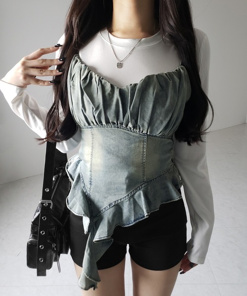 me+em select(ミームセレクト)の「【 2点セット 】ヴィンテージデニムビスチェ & レイヤードTシャツセット / vintage denim bustier & layered T-shirts set(アンサンブル・レディース・ブラック/ホワイト・FREE)」の22枚目の写真