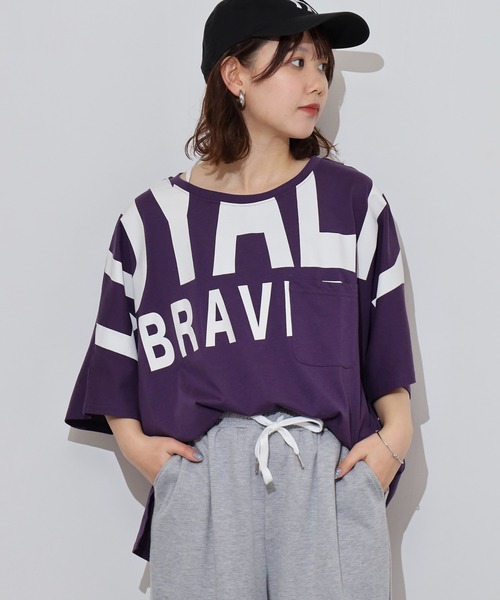 atONE(アットワン)の「BIGロゴプリントポケット付きドルマンTシャツ(Tシャツ/カットソー・レディース・ブラック/パープル/杢グレー・L/M)」の3枚目の写真