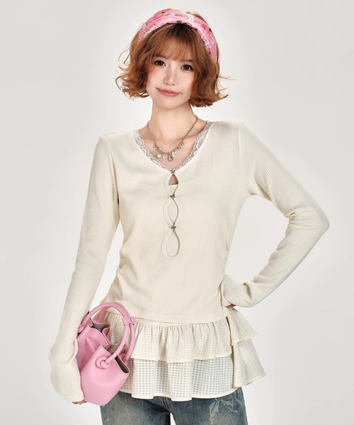 セール】フロントホールリブトップス チェック柄フリルヘム