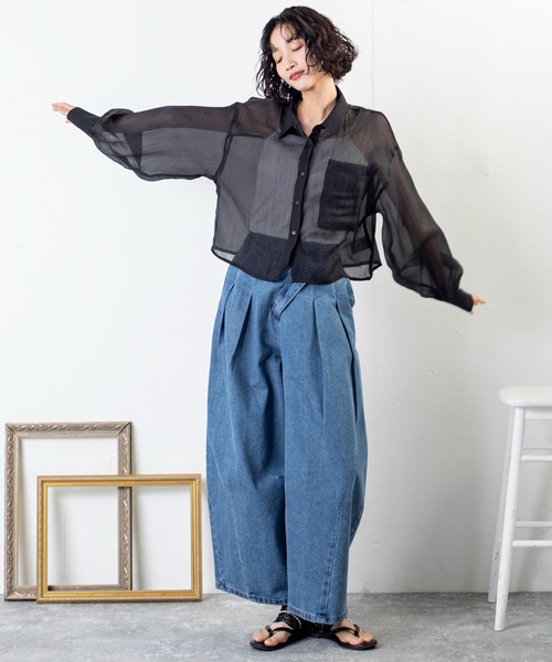 MILLION CARATS（ミリオンカラッツ）の「ラメ×ワッシャーで魅せる、軽やかショート丈の抜け感が◎ 今っぽショート丈シアーシャツ（シャツ/ブラウス・レディース・ブラウン/ブラック/オフホワイト/グレー・FREE）」の22枚目の写真