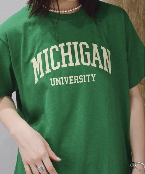 spiritoso(スピリトーゾ)の「【spiritoso】MICHIGAN カレッジロゴプリントTシャツ(CP)(Tシャツ/カットソー・レディース・杢グレー/ホワイト/ブルー系1/ネイビー×ホワイト/ブラック/ホワイト×ブラック/グリーン/ブラック×ホワイト・L/M/S/XL)」の6枚目の写真