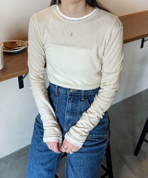 LE MORE(リモア)の「カラーフィットシアーロンT(Tシャツ/カットソー・レディース・ミント/アイボリー/ピンク/ベージュ/ブラウン/グレー/ブラック・FREE)」の12枚目の写真