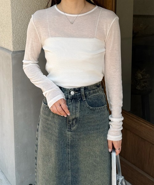 LE MORE(リモア)の「カラーフィットシアーロンT(Tシャツ/カットソー・レディース・ミント/アイボリー/ピンク/ベージュ/ブラウン/グレー/ブラック・FREE)」の21枚目の写真