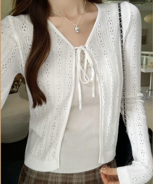 セール】Y2Kガーリー透かし編みニットカーディガン（カーディガン