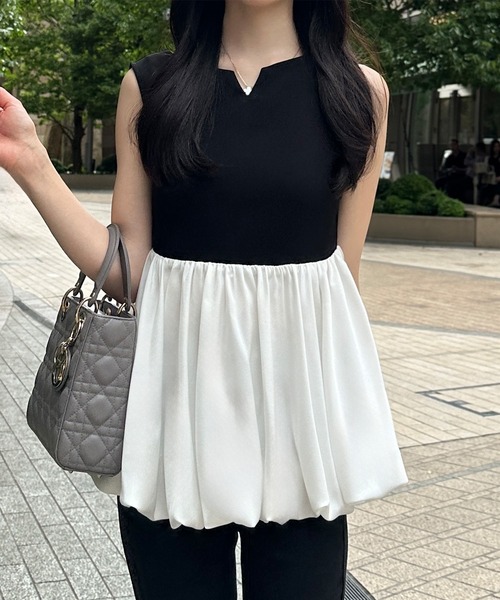 junoah(ジュノア)の「キーネックノースリーブペプラムバルーントップス(シャツ/ブラウス・レディース・ブラック/ライトベージュ/ホワイト/ブラック系その他・SMALL/MEDIUM/LARGE)」の3枚目の写真