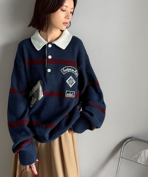 セール】《JaVaジャバコラボ》ワッペンデザインラガーポロニット（長袖