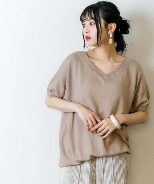 RCD（アールシーディー）の「Vネックドルマン半袖綿ニット（ニット/セーター・レディース・ブラック/杢グレー/ネイビー/ライトグレー/カーキ/グレイッシュベージュ/ホワイト・M-L/LL～3L/4L～5L）」の14枚目の写真