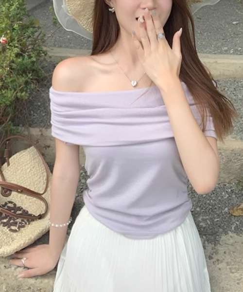 NANAHACHI(ナナハチ)の「オフショル半袖Tシャツ(Tシャツ/カットソー・レディース・アイボリー/パープル/イエロー/ライトブルー/ブラック・FREE)」の21枚目の写真