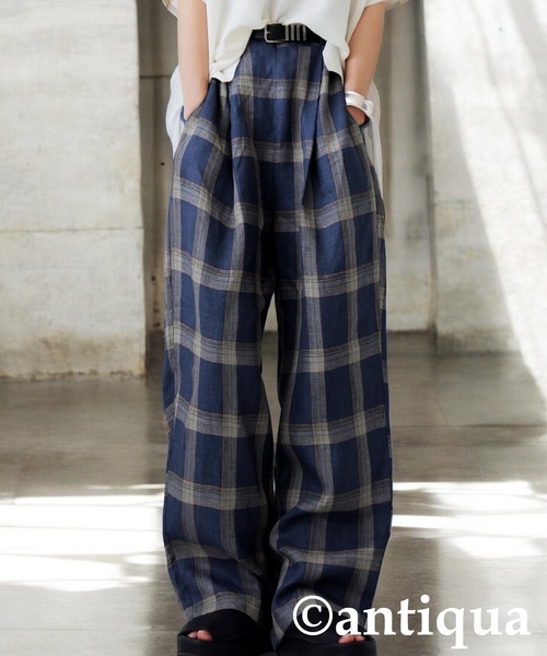 antiqua(アンティカ)の「リネンチェックパンツ(その他パンツ・レディース・カーキ/ブルー・ONESIZE)」の2枚目の写真
