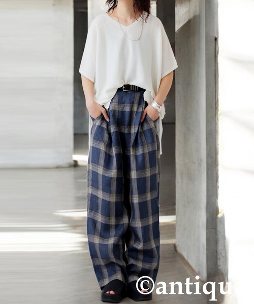 antiqua(アンティカ)の「リネンチェックパンツ(その他パンツ・レディース・カーキ/ブルー・ONESIZE)」の5枚目の写真