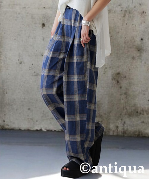 antiqua(アンティカ)の「リネンチェックパンツ(その他パンツ・レディース・カーキ/ブルー・ONESIZE)」の6枚目の写真