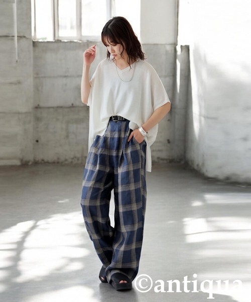 antiqua(アンティカ)の「リネンチェックパンツ(その他パンツ・レディース・カーキ/ブルー・ONESIZE)」の8枚目の写真