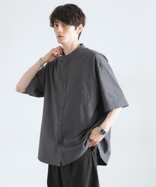 黒猫　JOURNAL STANDARD レイジブルー　シャツ セール】＜接触冷感＞オーバーサイズ/バンドカラーシャツ