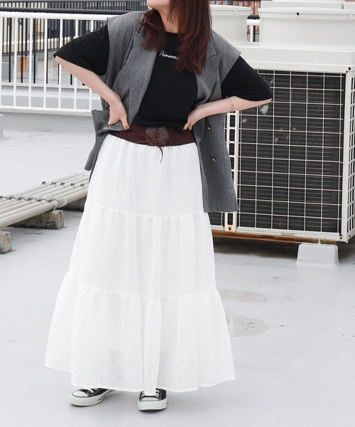 libelle more（リベル モア）の「スラブベルト付きティアードスカート（スカート・レディース・モカ/ブラック/オフホワイト・M）」の4枚目の写真