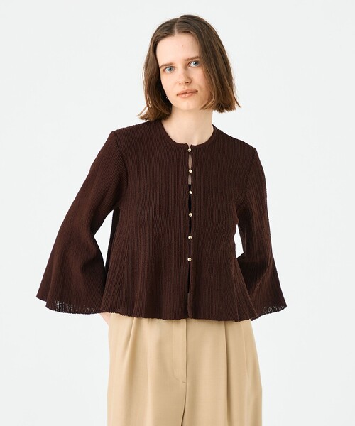 BALLSEY（ボールジィ）の「ブークレーミラノリブボーダー フレアカーディガン（カーディガン/ボレロ・レディース・ホワイト/ブラウン・S）」の3枚目の写真