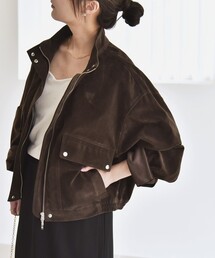 quaranciel〈洗濯機可能〉ポリエステル スエード スタンドカラー ジップ ショート ブルゾン